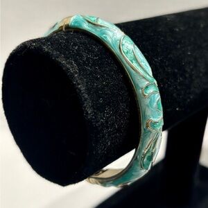 Vintage Aqua Silver Cloisonne Enamel Hinged Bracelet
